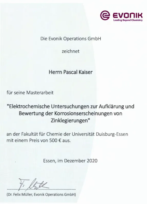 Pascal Kaiser's master work is awarded with a prize from Evonik Operations GmbH!